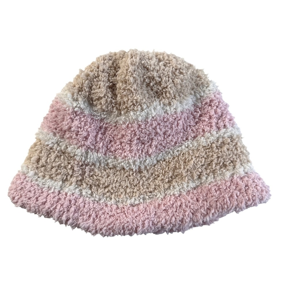 Vintage Striped Bucket Hat Fuzzy Plush Pink Beige White Cozy Winter Y2K